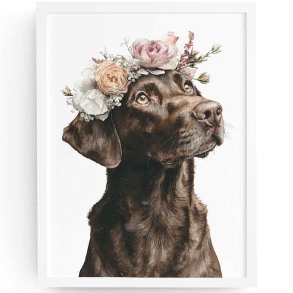 Watercolor Labrador Retriever with Flower Crown Portrait Wall Art Print Unframed - Picture 1 of 7